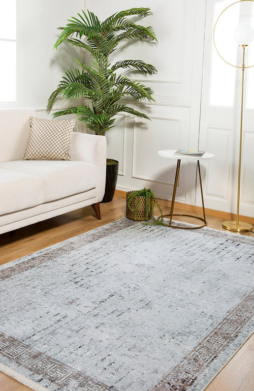 Digital Print Area Rug – Grey Frame Style Non Slip Carpet for Living Room
