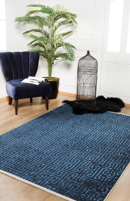 Iskitim Navy Geometric Digital Print Area Rug