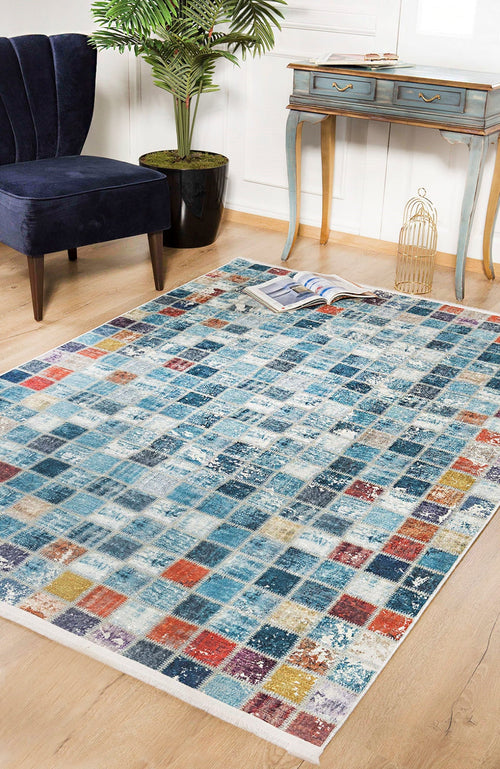 Blue Patchwork Area Rug – Digital Print Rug with Non Slip, Antibacterial, Washable Design