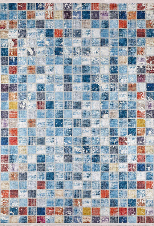 Blue Patchwork Area Rug – Digital Print Rug with Non Slip, Antibacterial, Washable Design