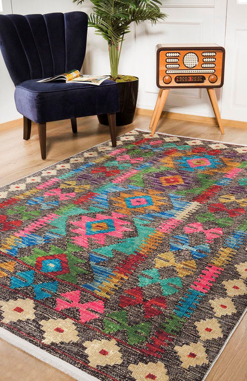 Geometric Area Rug - Brown Digital Print Non Slip Washable Carpet for Living Room