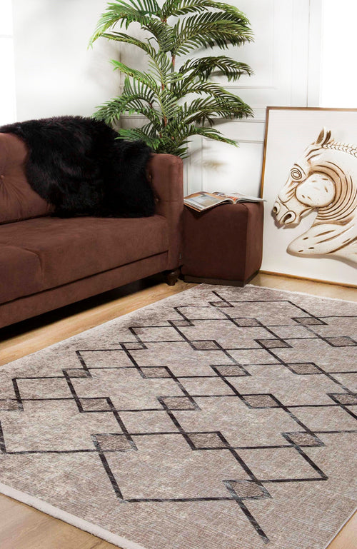 Beige Geometric Area Rug – Digital Print Modern Non Slip Carpet for Living Room
