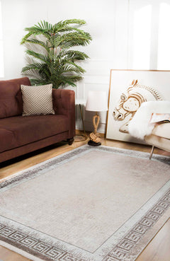 Beige Area Rug – Digital Print Frame Design Carpet | Non Slip, Antibacterial