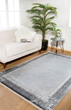 Grey Digital Print Rug - Stylish Frame Area Rug, Non Slip Washable Carpet