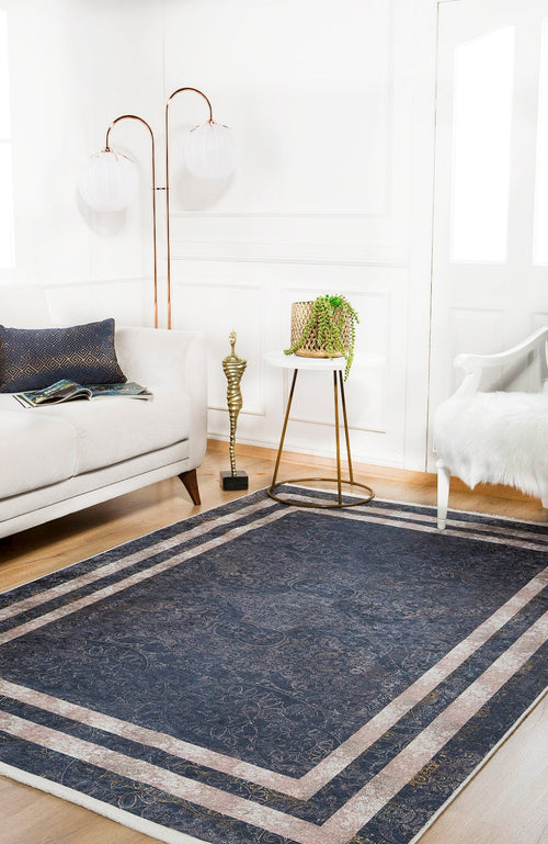 Digital Print Area Rug – Navy Blue Rug With Frame Design | Non Slip Antibacterial Carpet