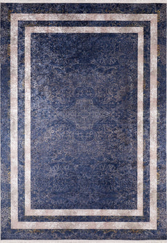 Digital Print Area Rug – Navy Blue Rug With Frame Design | Non Slip Antibacterial Carpet