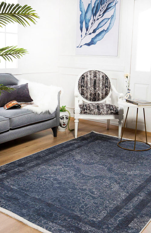 Digital Print Area Rug | Navy Frame Design Antibacterial Non Slip Carpet