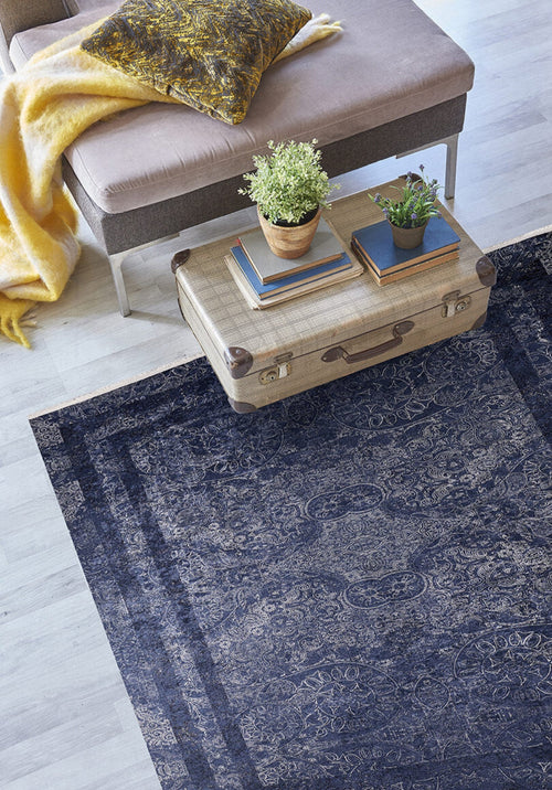 Digital Print Area Rug | Navy Frame Design Antibacterial Non Slip Carpet