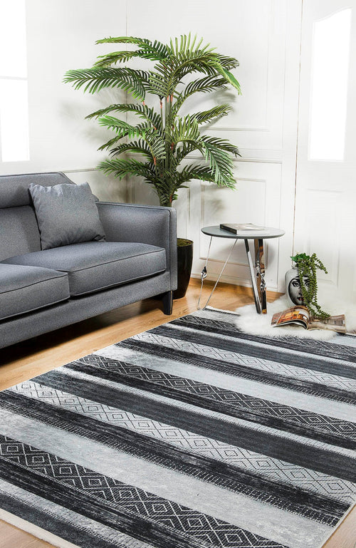 Anthracite Striped Area Rug - Digital Print Rug | Non Slip, Antibacterial Carpet