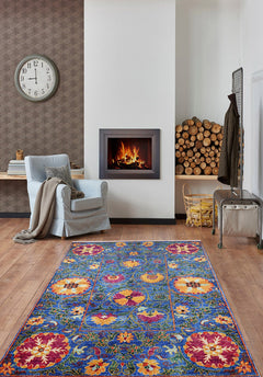 Blue Floral Area Rug – Digital Print Carpet | Non Slip, Antibacterial, Washable