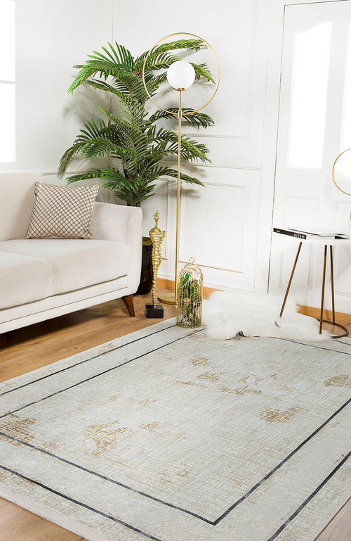 Cream Area Rug - Digital Print Frame Design Carpet | Non Slip, Antibacterial, Washable