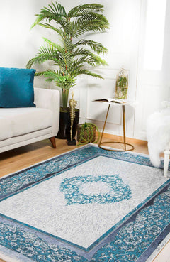 Blue Area Rug - Digital Print Rug With Classic Frame | Antibacterial, Non Slip Carpet