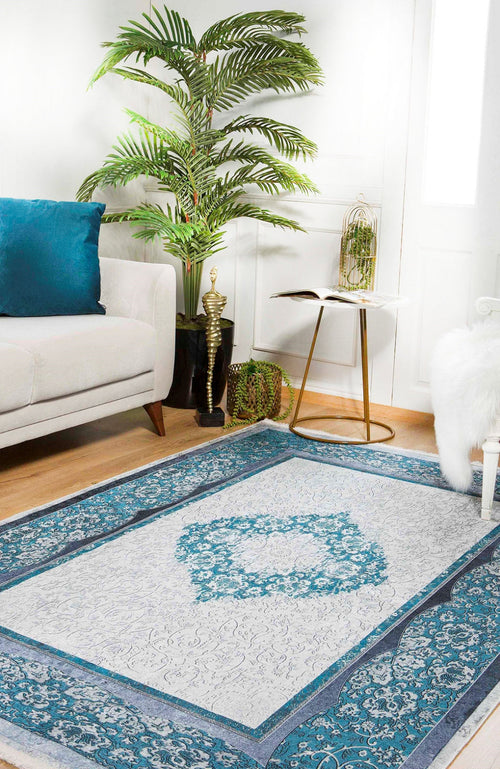 Blue Area Rug - Digital Print Rug With Classic Frame | Antibacterial, Non Slip Carpet