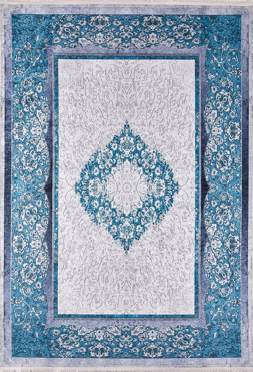 Blue Area Rug - Digital Print Rug With Classic Frame | Antibacterial, Non Slip Carpet