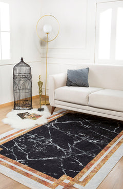 Gold Frame Area Rug - Black Digital Print Non Slip Washable Carpet