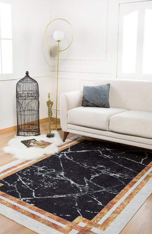 Gold Frame Area Rug - Black Digital Print Non Slip Washable Carpet