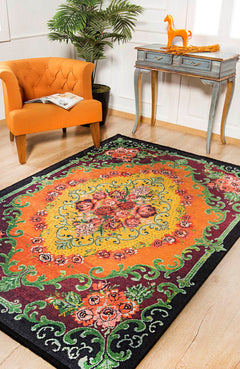 Orange Floral Area Rug – Kaspiysk Digital Print Rug | Non Slip, Antibacterial Carpet
