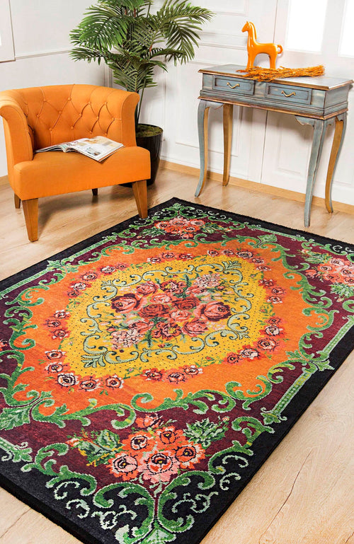 Orange Floral Area Rug – Kaspiysk Digital Print Rug | Non Slip, Antibacterial Carpet