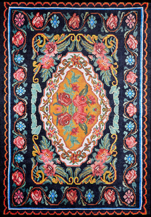 Black Floral Area Rug – Non Slip Carpet | Washable Digital Print Rug by Halınet