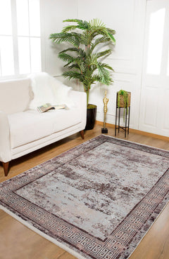 Beige Area Rug – Digital Print Frame Style Non Slip Washable Carpet for Living Room