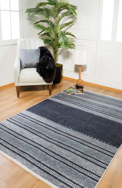Digital Print Area Rug - Anthracite Striped Non Slip Washable Carpet