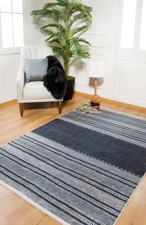 Digital Print Area Rug - Anthracite Striped Non Slip Washable Carpet