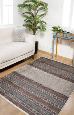 Brown Striped Area Rug - High Quality Digital Print Rug | Non Slip, Allergy Friendly Carpet