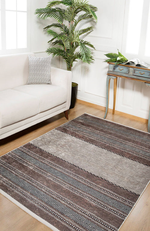 Brown Striped Area Rug - High Quality Digital Print Rug | Non Slip, Allergy Friendly Carpet