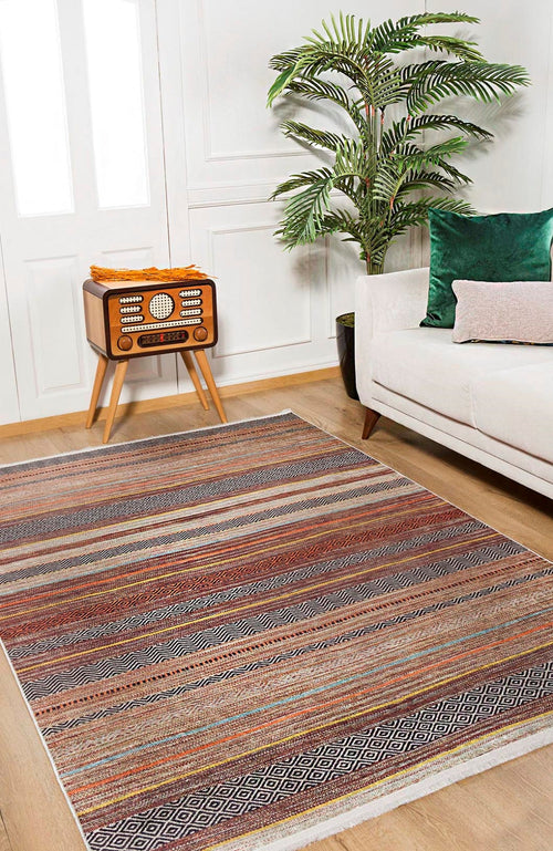 Brown Striped Area Rug – Digital Print Rug | Antibacterial, Non Slip Carpet