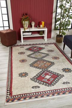 Beige Geometric Area Rug - Digital Print Non Slip Washable Carpet for Living Room