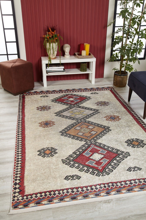 Beige Geometric Area Rug - Digital Print Non Slip Washable Carpet for Living Room