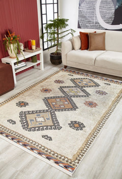 Beige Area Rug – Geometric Digital Print Non Slip Washable Carpet for Living Room