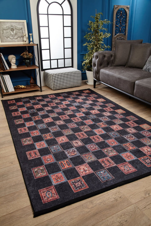 Black Geometric Area Rug – Digital Print Non Slip Washable Carpet for Living Room
