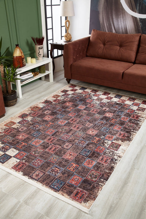 Geometric Area Rug - Non Slip Brown Digital Print Carpet for Living Room