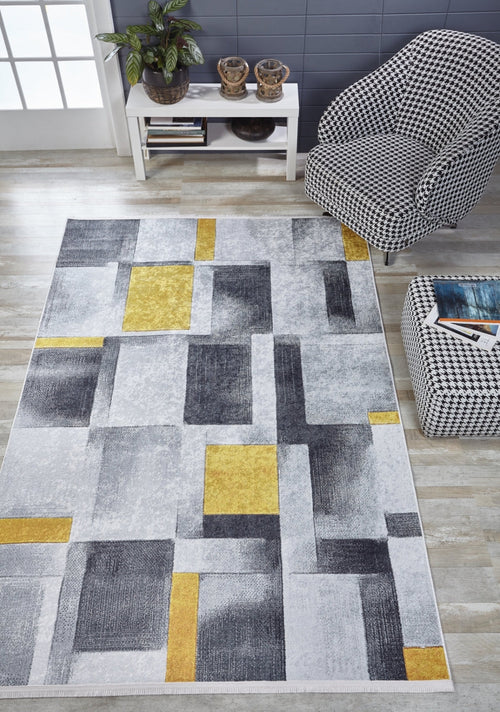 Yellow Geometric Area Rug – Digital Print, Non Slip, Antibacterial Carpet