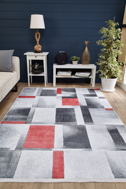 Grey Geometric Area Rug – Digital Print Carpet | Non Slip, Antibacterial & Washable