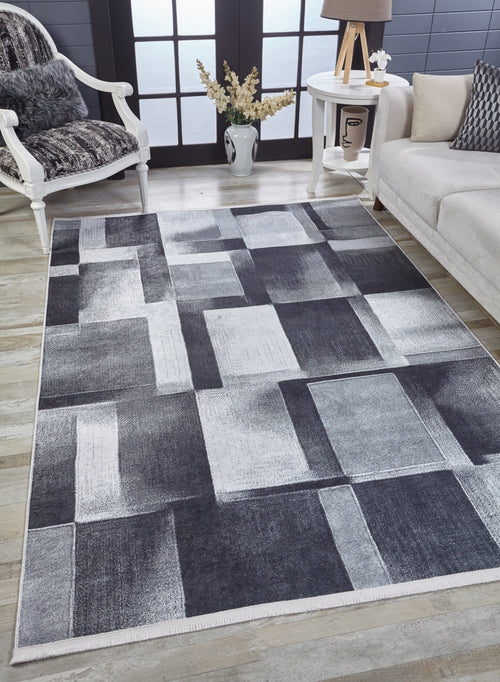 Grey Geometric Area Rug - Digital Print, Non Slip, Antibacterial Carpet for Living Room