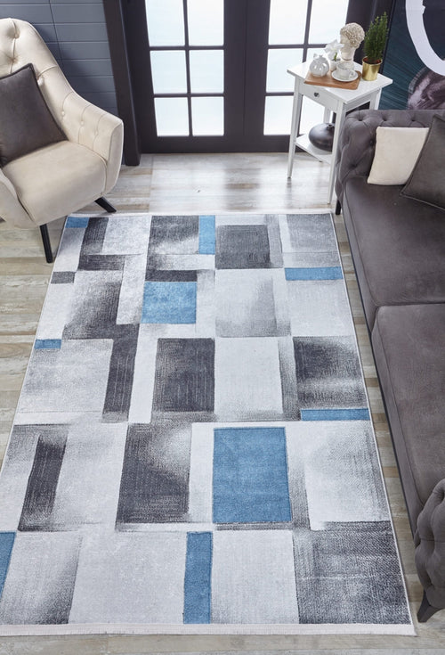 Blue Geometric Area Rug - Digital Print Non Slip Washable Carpet for Living Room