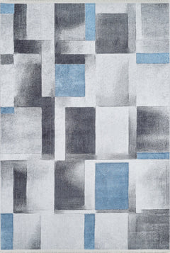 Blue Geometric Area Rug - Digital Print Non Slip Washable Carpet for Living Room