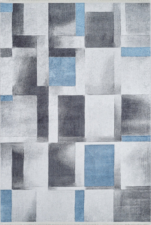 Blue Geometric Area Rug - Digital Print Non Slip Washable Carpet for Living Room