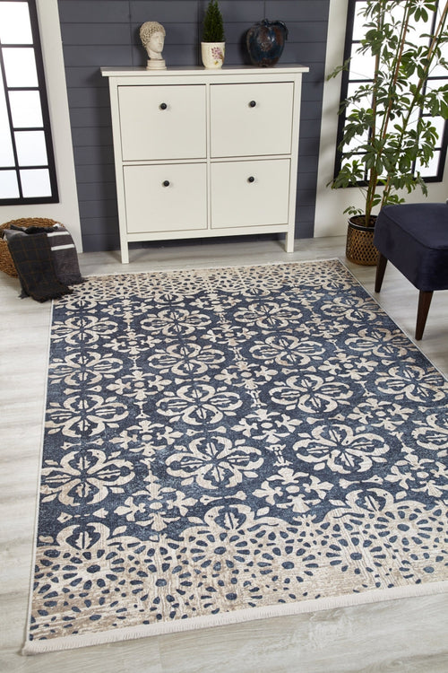 Blue Floral Area Rug - Digital Print, Non Slip & Washable Carpet for Living Room