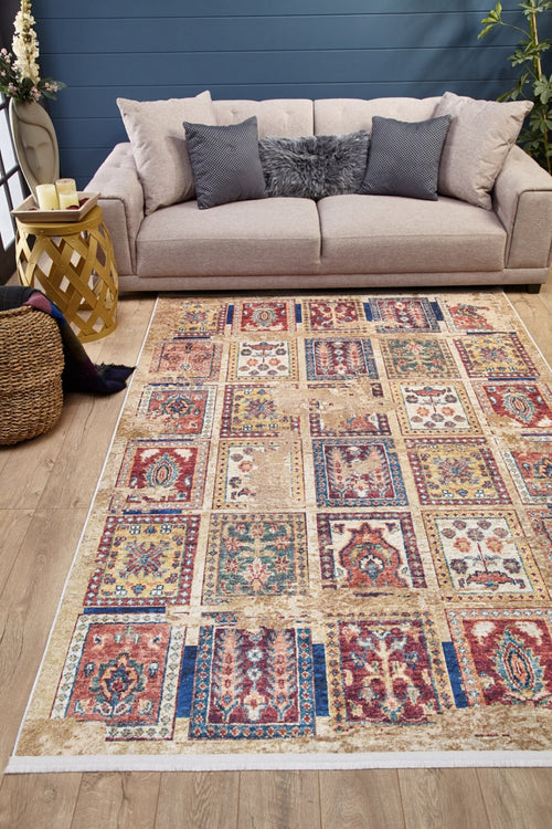 Braniewo Beige Patchwork Digital Print Area Rug