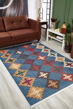 Blue Geometric Area Rug - Digital Print Non Slip Carpet for Living Room