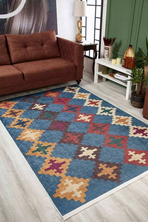 Blue Geometric Area Rug - Digital Print Non Slip Carpet for Living Room