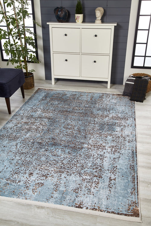 Blue Vintage Area Rug - Digital Print Non Slip Washable Carpet for Living Room