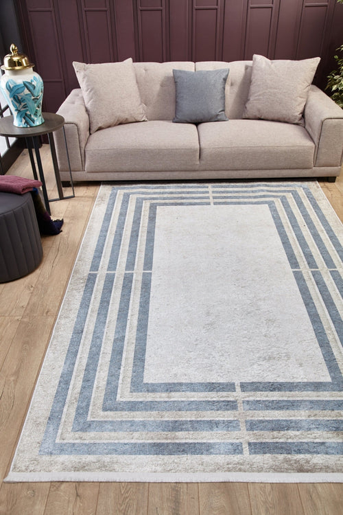 Grey Area Rug - Digital Print Frame Carpet | Non Slip, Antibacterial Floor Covering