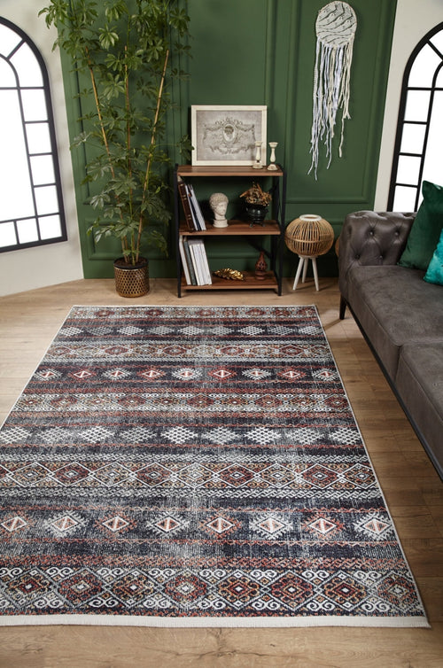 Geometric Area Rug - Brown Digital Print Carpet | Non Slip, Antibacterial, Washable Floor Mat