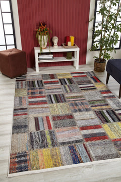 Piska Grey Patchwork Digital Print Area Rug