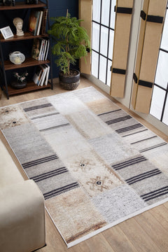 Cream Patchwork Rug - Non Slip Digital Print Area Rug for Living Room & Kitchen