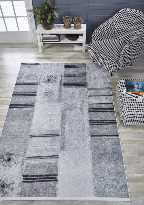 Grey Patchwork Area Rug - Digital Print Non Slip Washable Carpet for Living Room